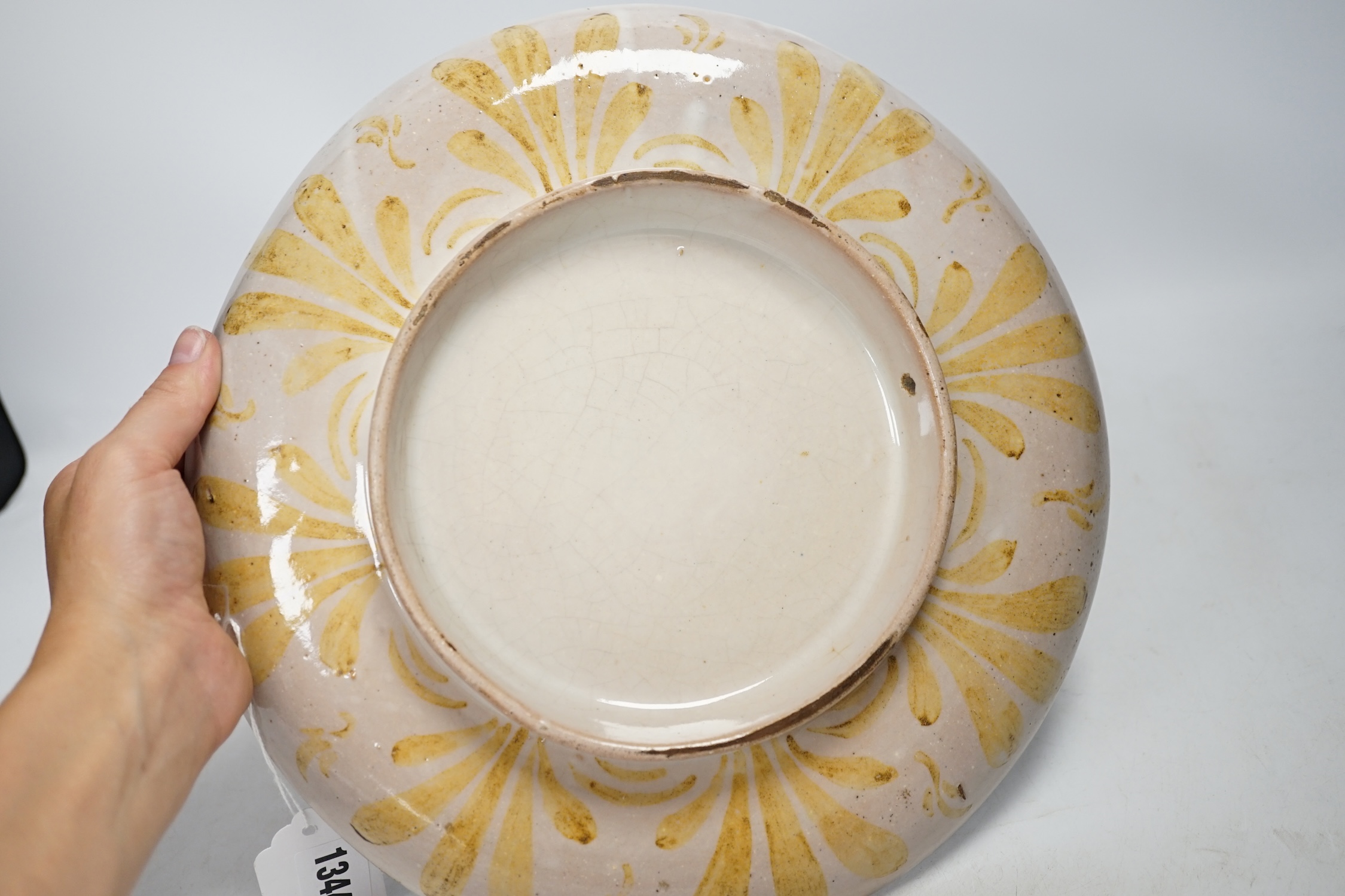 An 18th / 19th century Castelli maiolica plate, decorated with nude females bathing, 28.5cm diameter. Condition - fair to good